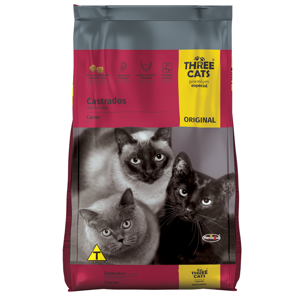 Ração Three Cats Premium Especial Original Sabor Carne para Gatos Adultos Castrados - 10.1 Kg